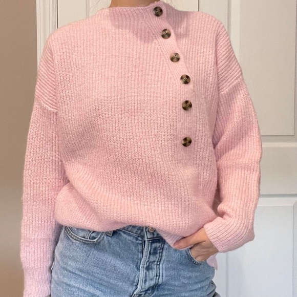 La Maille frnch Paris Cable Knit Asymmetrical Sweater  Pink knit button … - Picture 1 of 10